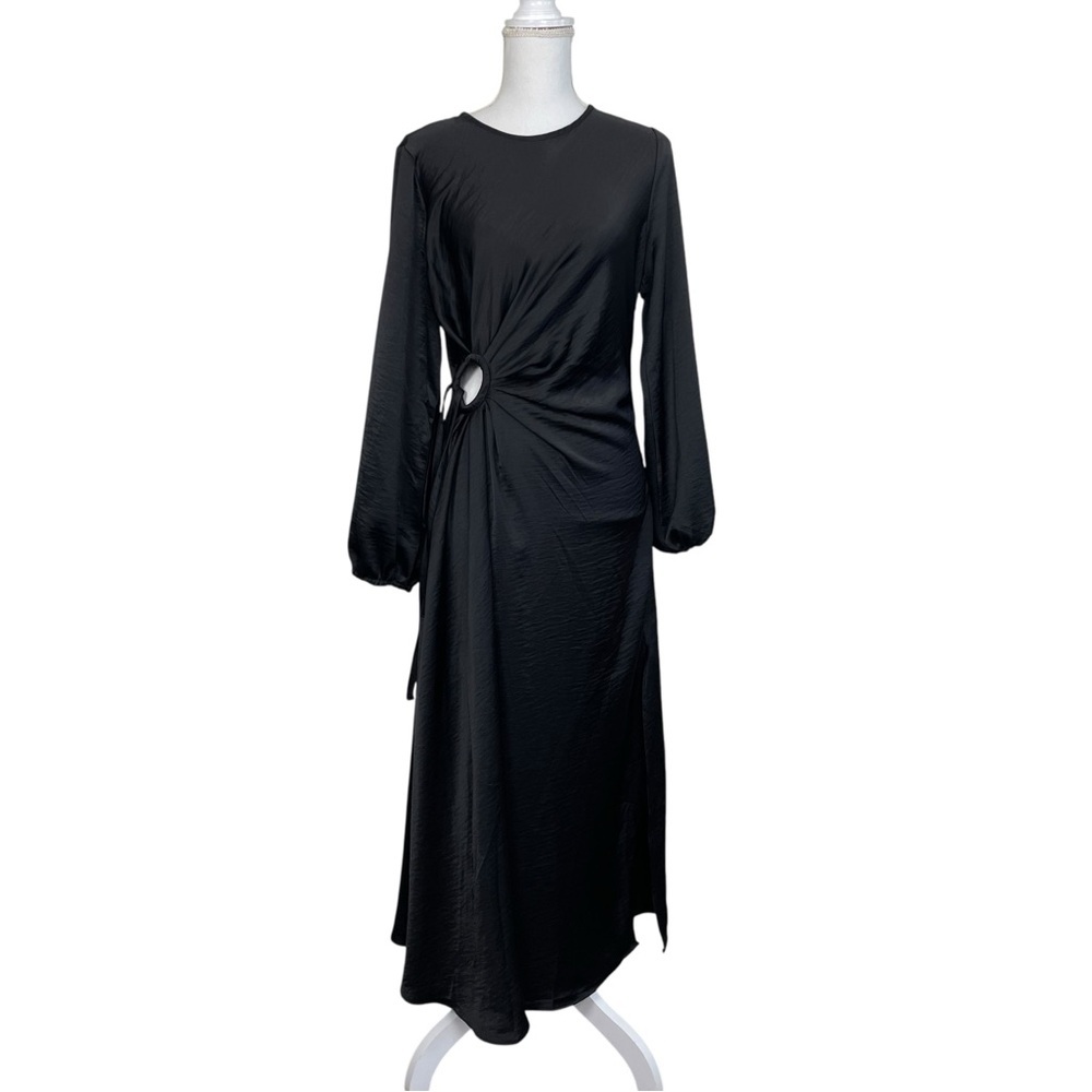 House of Harlow 1960 Ruched Side Cut-out Circle Long Sleeve Satin Dress in Black